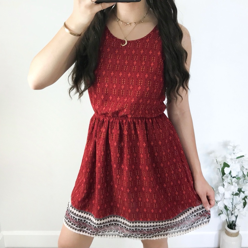 Red aztec open back mini dress